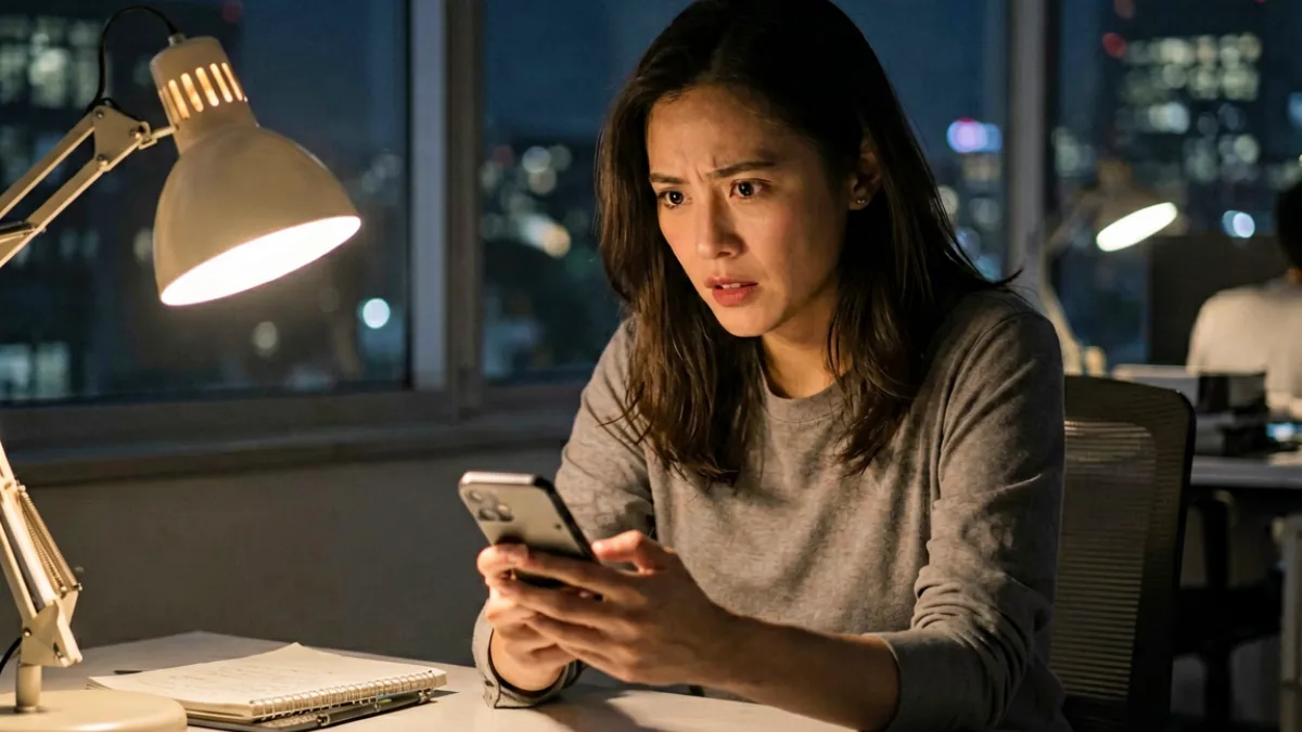 绿帽社投稿故事：一名女性在深夜空荡荡的办公室里独自翻看手机，神情凝重，背景是城市夜景